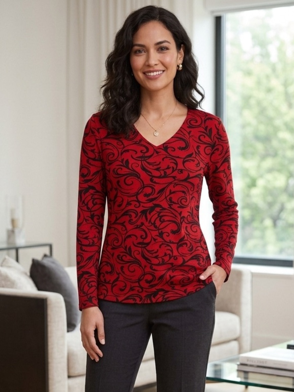 Slim Factor by Investments Women’s Red V-Neck Long-Sleeve Print Top - Large